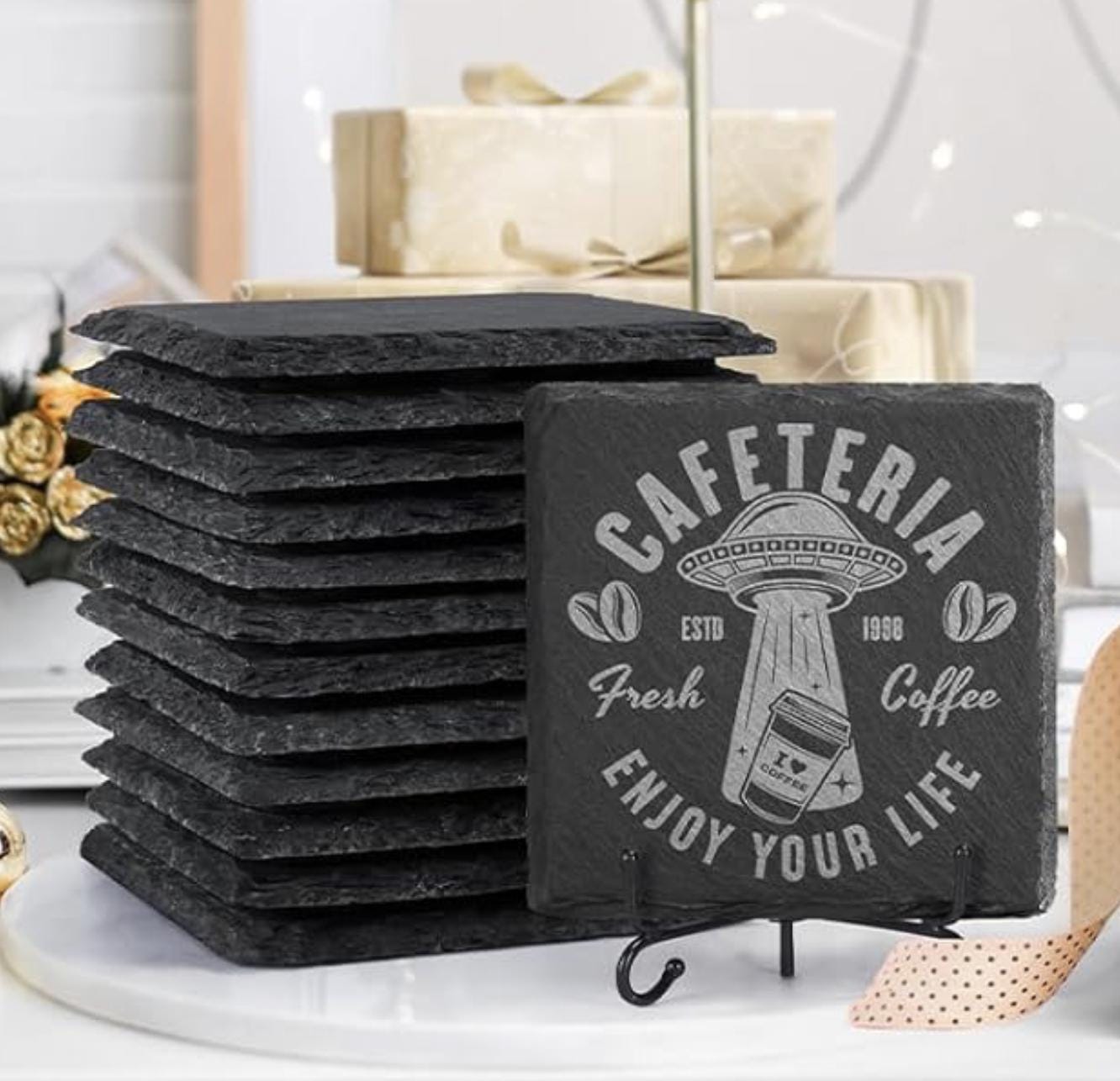 Custom Slate Coaster 4x4 in. with Foam Feet - Laser Engraved w/ Text and Logos
